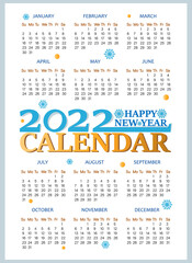 2022. HAPPY CHRISTMAS, NEW YEAR. Snowflakes. Winter calendar. Design for weekly planning.