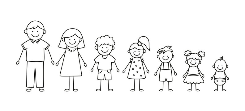 Happy doodle stick mans family. Set of hand drawn figure of family. Mother, father and kids. Vector illustration isolated in doodle style on white background.