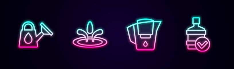 Set line Watering can, drop, jug with filter and Big bottle clean water. Glowing neon icon. Vector