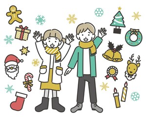 笑顔の子供とシンプルでかわいいクリスマスアイコンベクターイラスト素材／プレゼント／サンタ／素材