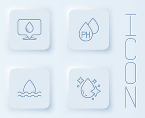 Set line Water drop with location, and . White square button. Vector