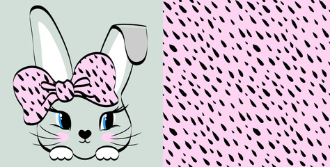 Cute bunny with big pink bow.Smears in the form of a drop on a pink background seamless pattern. Vector illustration. Set prints for kids clothes