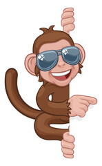 Monkey Sunglasses Cartoon Animal Pointing At Sign