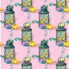 Fall seamless pattern with flowers leaves and pumpkins. Decorative design for thanksgiving day