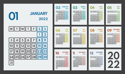 2022 full year monthly office calendar, week starts monday, two colorful weekends, white background