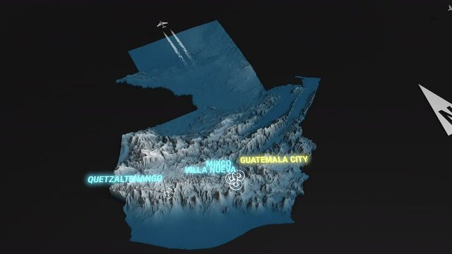 Seamless looping animation of the 3d terrain map at nighttime of Guatemala with the capital and the biggest cites in 4K resolution
