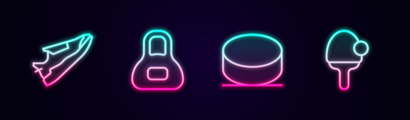 Set line Fitness sneakers shoes, Weight, Hockey puck and Racket. Glowing neon icon. Vector