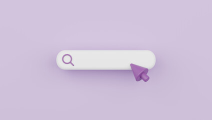 Search bar isolated on purple background with a magnifier icon and clicking cursor 3d rendering illustration.