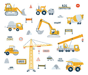Fototapeta Set construction vehicle isolated on white background. Illustration with yellow cars dump truck, building crane, road roller. Kids cars for design of children's rooms, clothing, textiles. Vector obraz