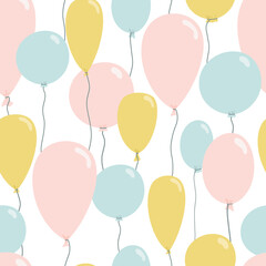 Cute seamless pattern with blue, yellow and pink balloons. Illustration of holiday in flat style for wallpaper, textiles, fabric. Vector