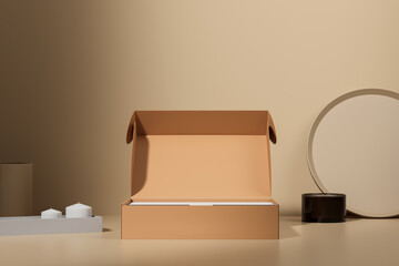 Open cardboard box on a beige minimalistic background in the studio. 3d rendering.