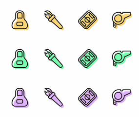 Set line Football field, Weight, Torch flame and Whistle icon. Vector