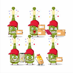 Cartoon character design of champagne bottle open working as a courier