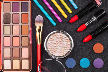 composition of healthy cosmetics on gray background