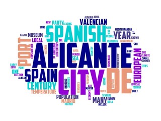 alicante wordcloud concept, wordart, spain,travel,alicante,tourism,mediterranean
