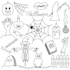 Halloween. Sketch. Set of vector illustrations. Collection of festive mystical elements. Death with a scythe, candle, snake, fangs, owl, pumpkin. Doodle style. Coloring book for children. 
