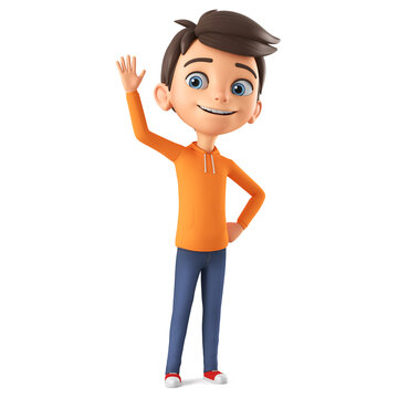 Cartoon boy character in orange sweatshirt greets. 3d render illustration.