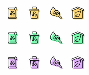 Set line Drop and magnifying glass, Radioactive waste barrel, Infectious and Eco friendly house icon. Vector