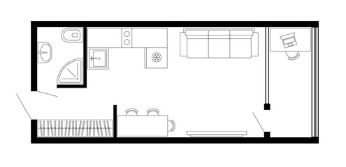 Apartment floor plan. Vector architecture micro studio plan of condominium, flat, house. 2D micro studio apartment floor plan. Design Interior elements kitchen, bedroom, bathroom furniture.