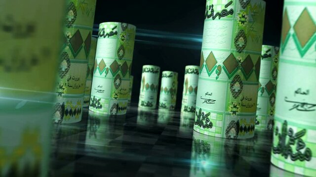 Lebanon pound rolls loop 3d animation. Money on the table. Seamless and loopable abstract concept of economy, finance, business and recession. Camera between LBP rolled banknotes.