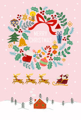 Fototapeta na wymiar 雪化粧の山と赤いお家とサンタクロースとトナカイとクリスマスリースのイラスト