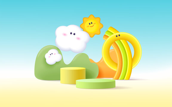 3d product podium, pastel color background, clouds, sun and weather with empty space for kids or baby product.