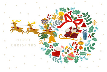 雪化粧の山と赤いお家とサンタクロースとトナカイとクリスマスリースのイラスト