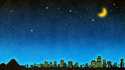 イラスト ：富士山と町並みシルエット　夜