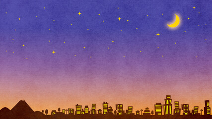 Fototapeta premium イラスト ：富士山と町並みシルエット 夕