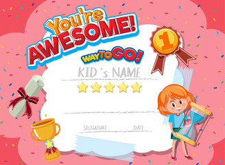 Cute motivational cartoon certificate for children