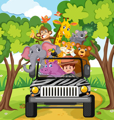 Zoo scene with happy animals in the car