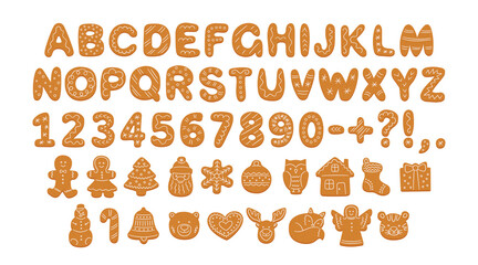 Alphabet of gingerbread cookies. Cartoon letters, numbers, marks and and decorated shapes for Christmas or New Year. Gingerbread man, woman, santa. Vector illustration isolated on white background.