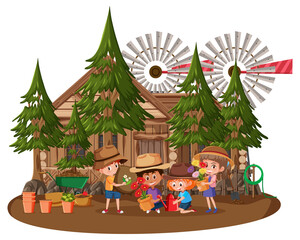 Wooden house with many children on white background
