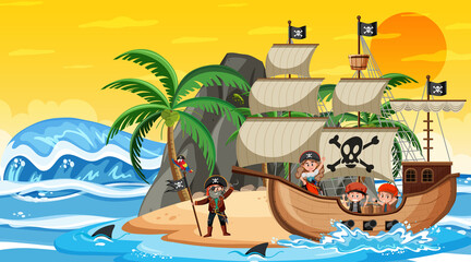 Island with Pirate ship at sunset scene in cartoon style