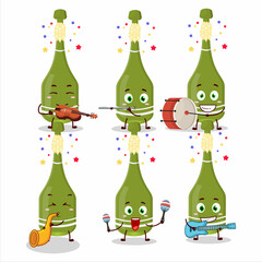 Cartoon character of champagne bottle open playing some musical instruments