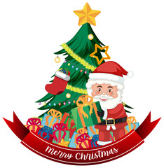 Merry Christmas text banner with Santa Claus and Christmas tree
