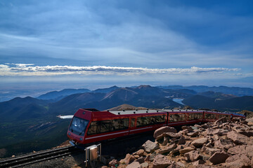  Broadmoor Manitou and Pikes Peak Cog Railway train coming up the mountain at Pikes Peak National...