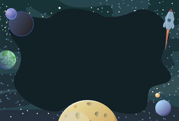 Cosmos background. Planets and their satellites. Frame. Starry sky landscape. Dark colors. Flat style. Cartoon design. Vector