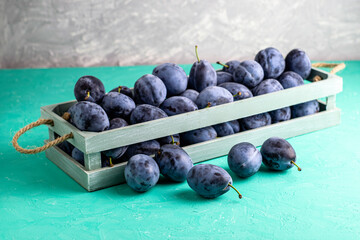 freshly picked ripe plums in a vintage box several plums are lying next to each other on the table
