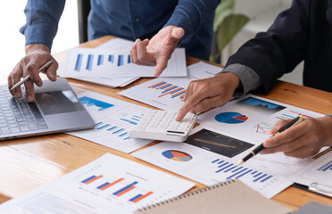 Businessman advisor, teamwork process. reports professional crew working with new startup project. Analyze business plans laptop two business people talking, Market analysis