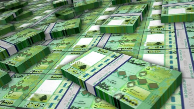 Lebanon pound banknote bundle loop. LBP money stacks. Concept of business, economy, banking and finance. Camera over cash packs. Loopable seamless 3d animation.