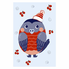 Cute new year bullfinch. Postcard with bullfinches and berries and snowflakes