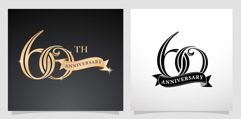 illustration of 60th anniversary with ribbon, isolated black and white backgrounds. applicable for greeting cards, invitation, Wedding anniversary , banner and celebration company or business