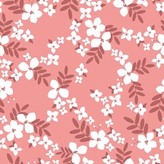 Seamless vintage pattern. wonderful white flowers, dark pink leaves on a pink background. vector texture. trend print for textiles and wallpaper.
