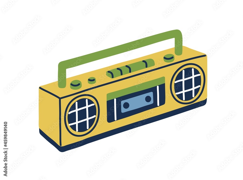 Poster Retro tape recorder in 80s and 90s style. Cassette audio player with loudspeakers and handle. 1980s stereo boombox. Old-school equipment. Flat vector illustration isolated on white background