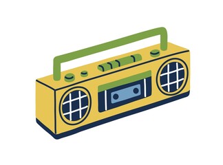 Retro tape recorder in 80s and 90s style. Cassette audio player with loudspeakers and handle. 1980s stereo boombox. Old-school equipment. Flat vector illustration isolated on white background