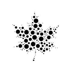 A large maple leaf in the center made in pointillism style. The center symbol is filled with black circles of various sizes. Vector illustration on white background