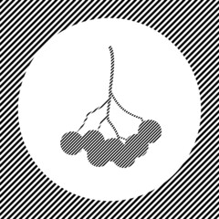 A large rowan berry in the center as a hatch of black lines on a white circle. Interlaced effect. Seamless pattern with striped black and white diagonal slanted lines