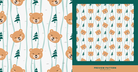 Cute bear animal pattern with Pine trees ornaments, the pattern is suitable for children can be used for clothes, wall decorations, design backgrounds etc.
