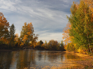 Autumn. Autumn trees in the park. River bay with floating leaves. Beautiful sky. Russia, Ural, Perm region